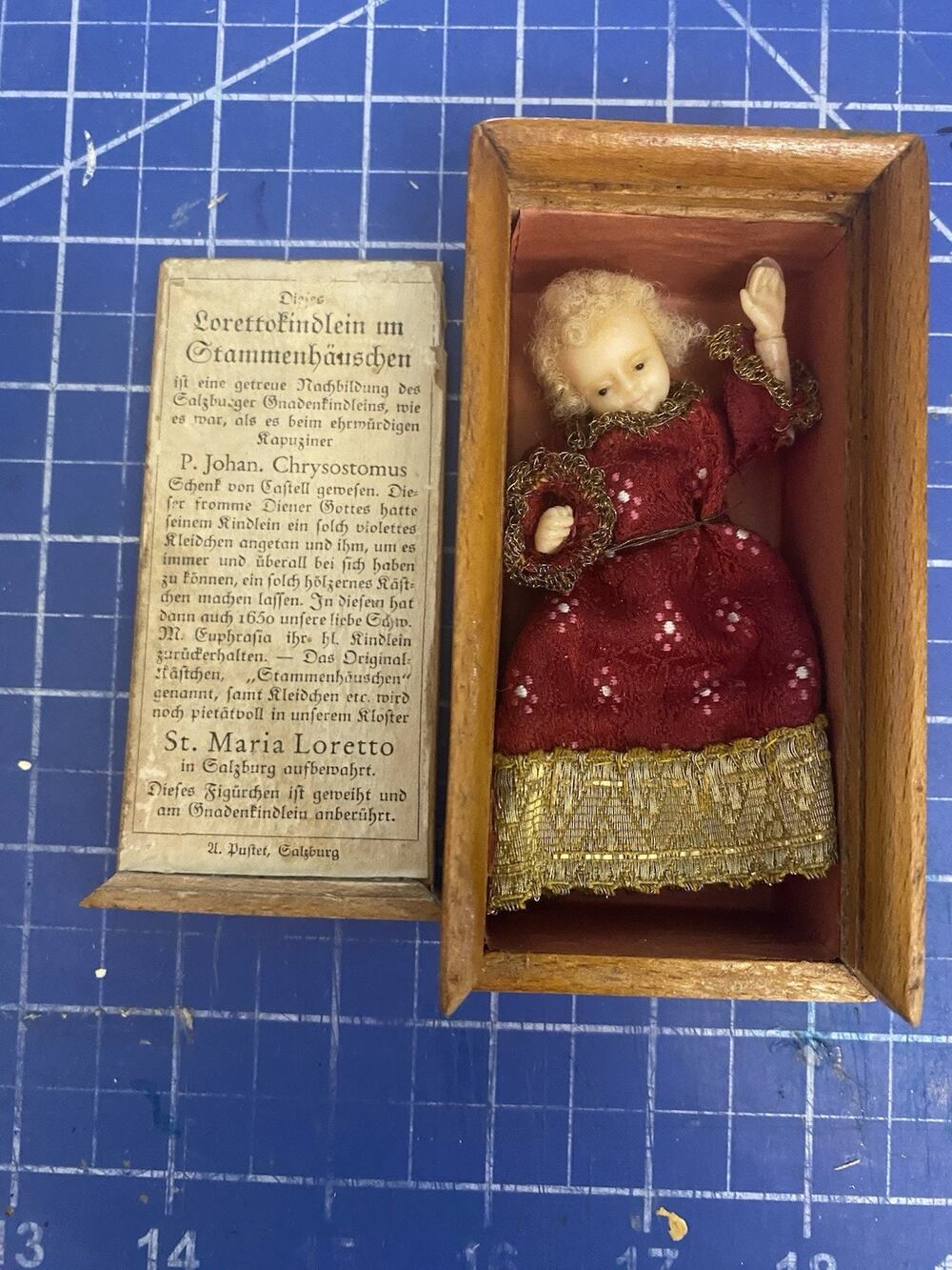 Wax Miniature Salzburg Infant Jesus St Maria Loretto Doll Glass Box 4.25"x2.12"